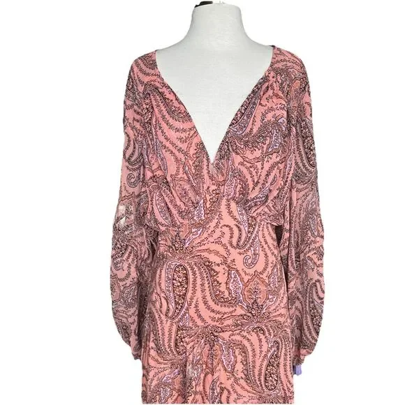 Free People Mirage Long Sleeve Maxi Dress Peach Pink Paisley Size 6 Boho Hippie - Picture 7 of 13